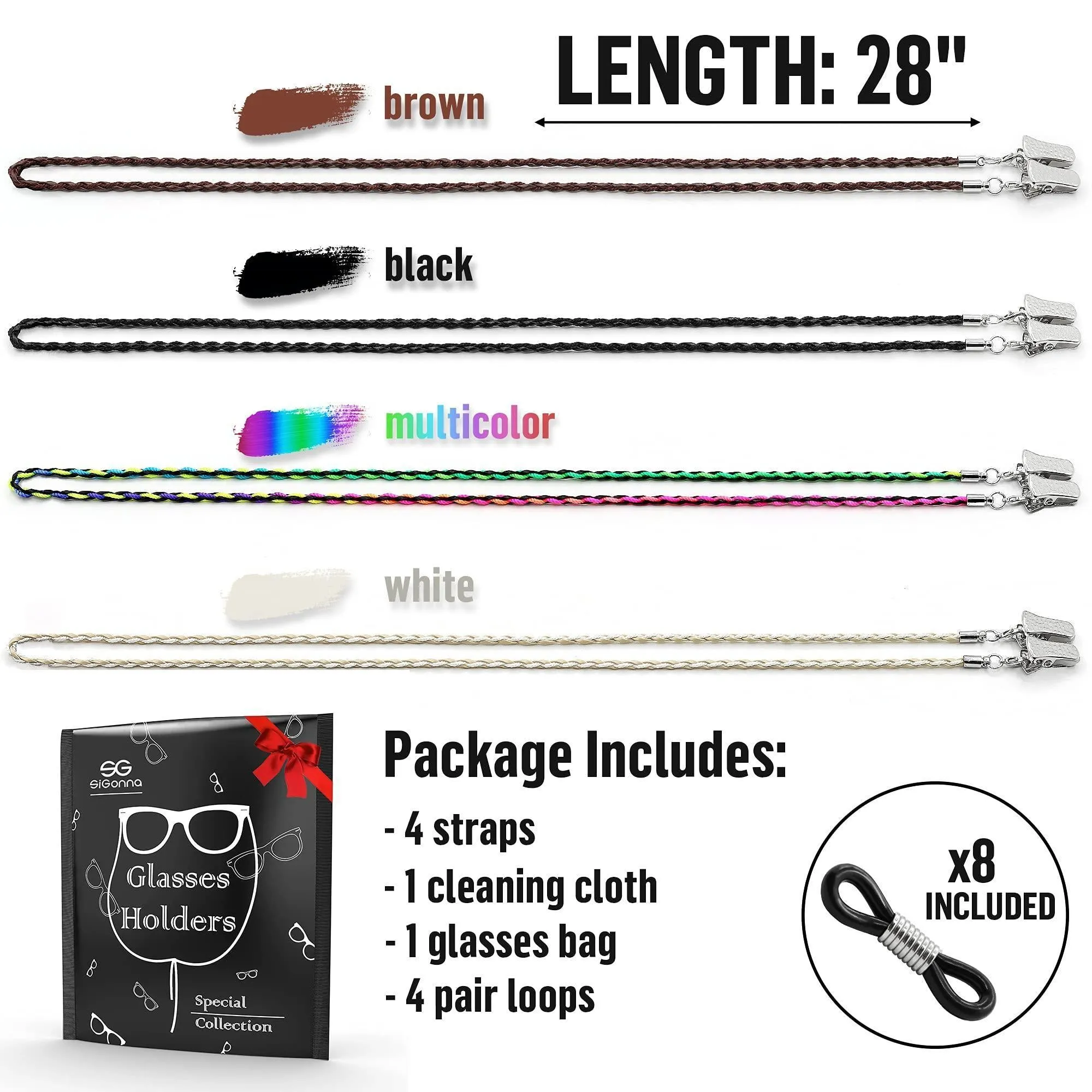 Glasses Strap Chains Premium ECO Leather Eyeglass Holder 4 Pack 28 inch Long