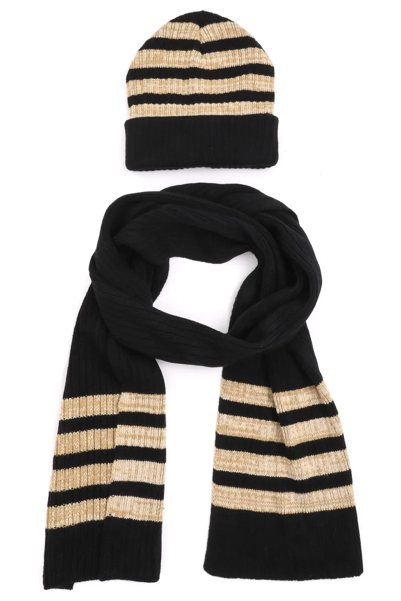 Gold Striped Knitted Beanie Scarf Set