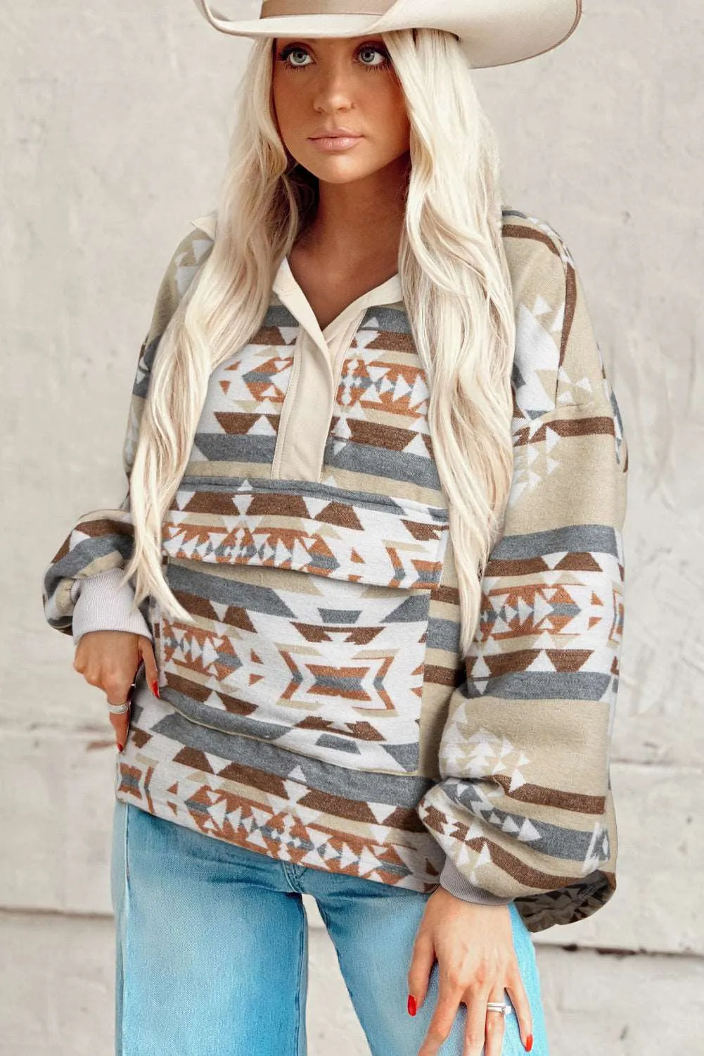 Gothic Outlaws Geometric Print Collared Flap Pocket Sweatshirt: Where Bold Style Meets Hardcore Comfort