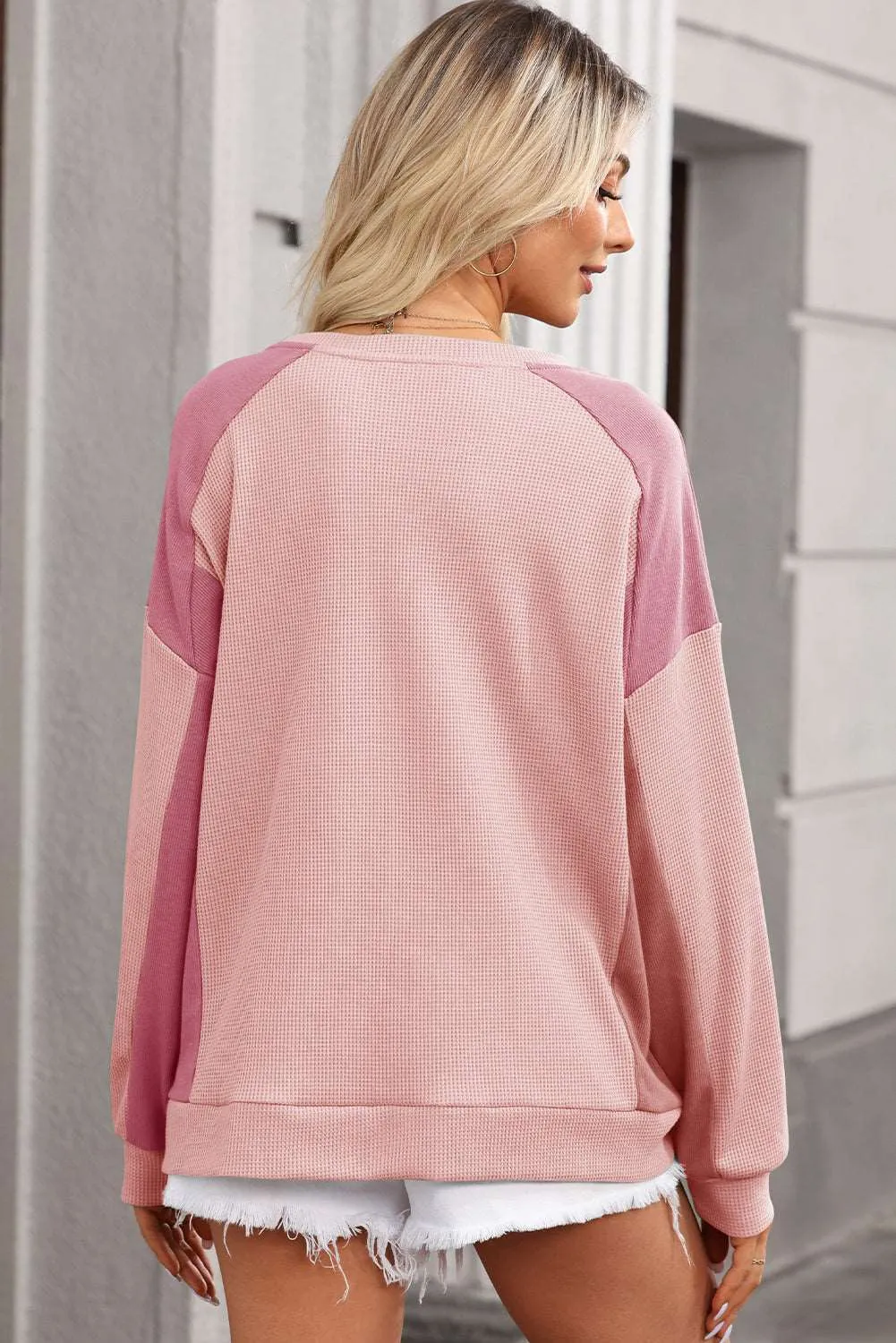 Gothic Outlaws Pink Waffle & Ribbed Patchwork Sweatshirt: Cozy Comfort with Cool Style