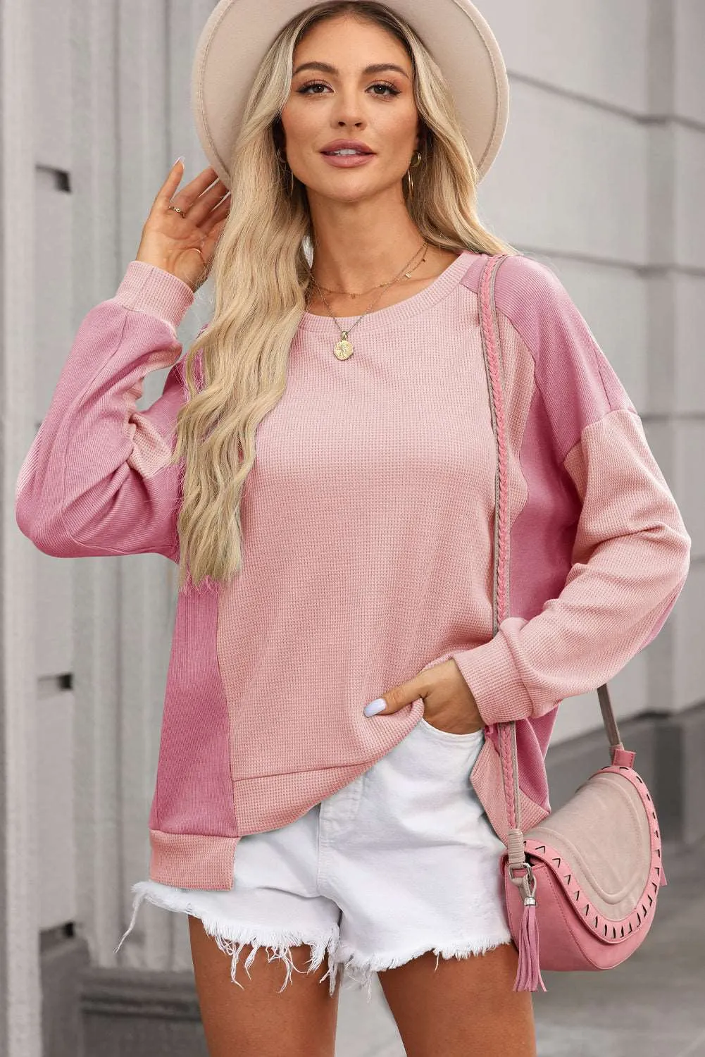 Gothic Outlaws Pink Waffle & Ribbed Patchwork Sweatshirt: Cozy Comfort with Cool Style