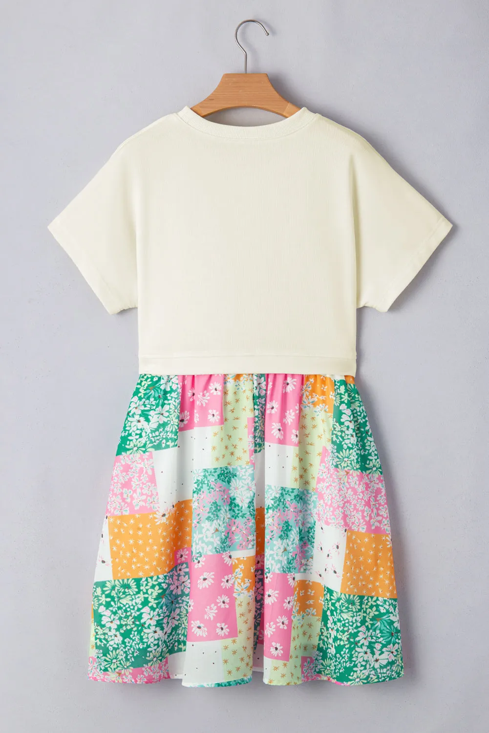 Green Floral Patchwork Pleated Loose Fit Mini T Shirt Dress