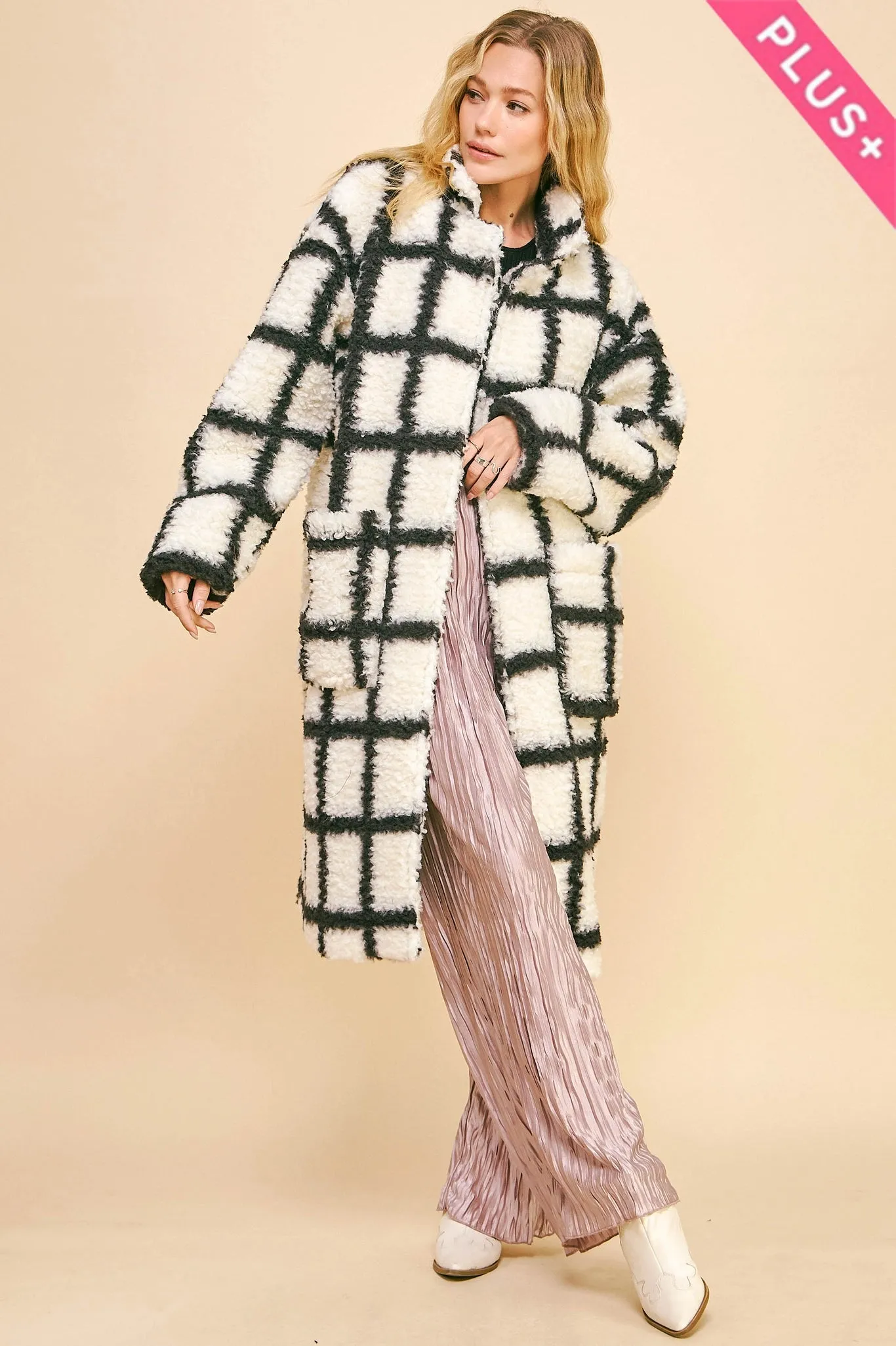 Grid Plaid Oversized Teddy Coat | Curvy