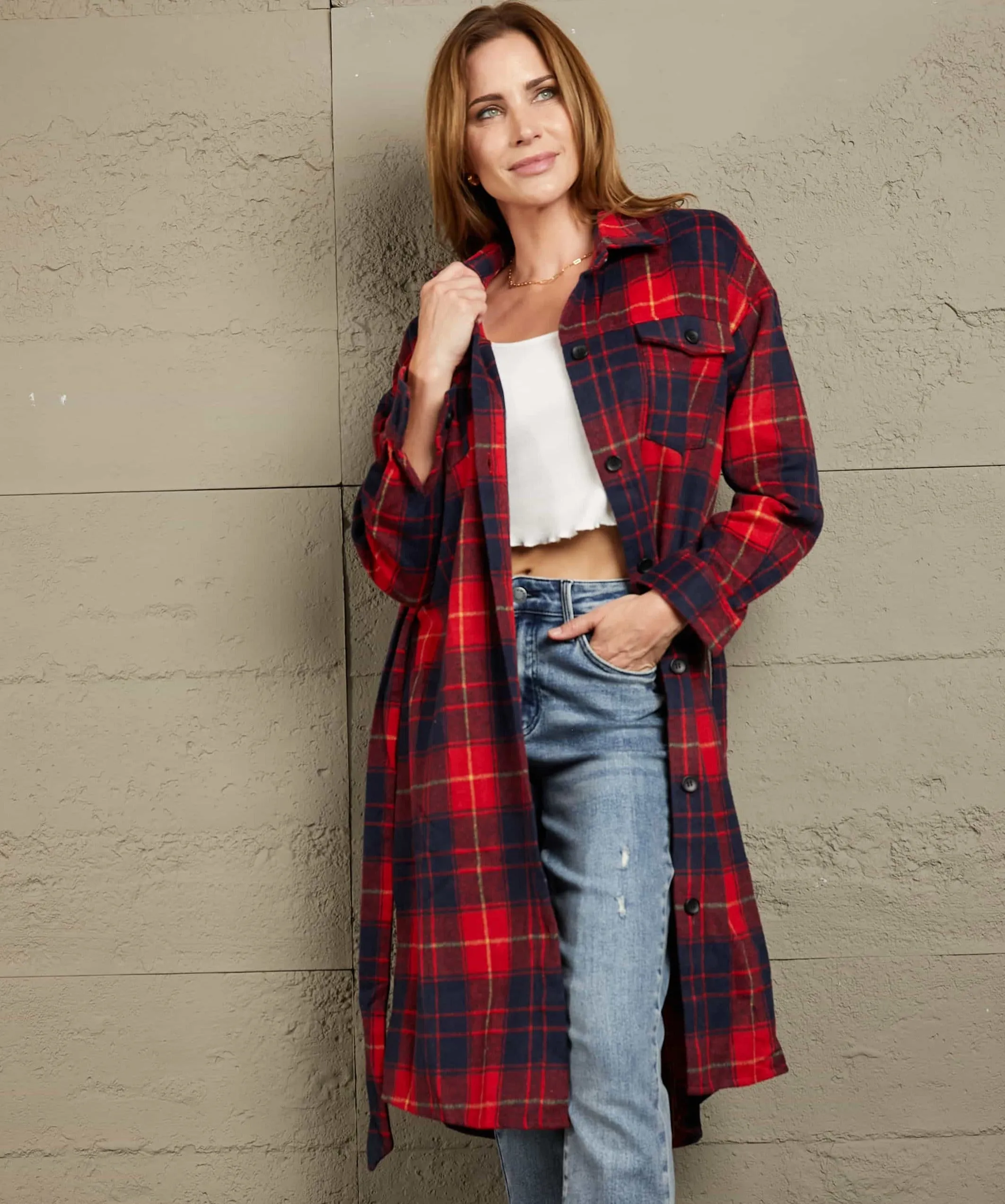 In Plaid Sight Belted Longline Shacket