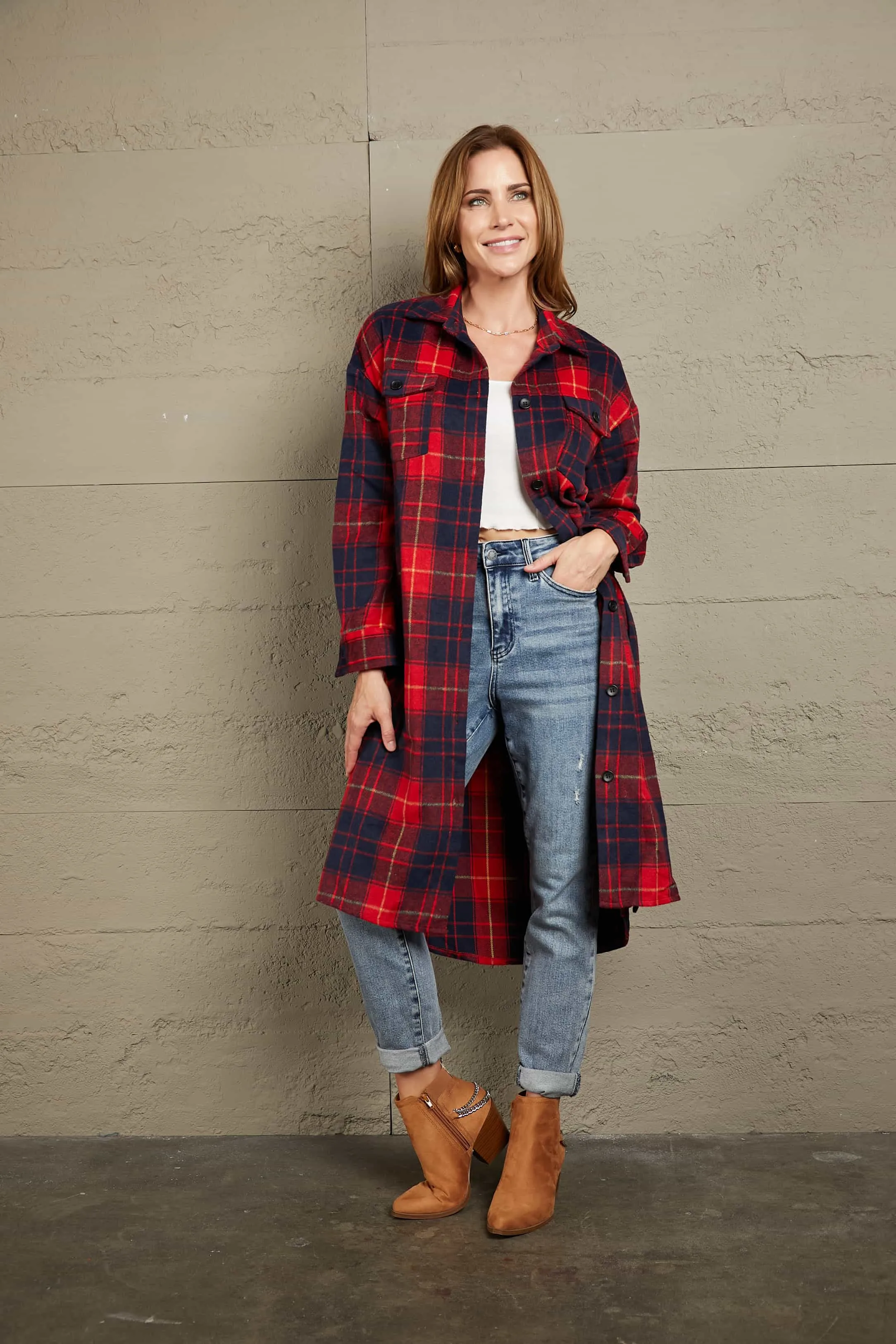 In Plaid Sight Belted Longline Shacket