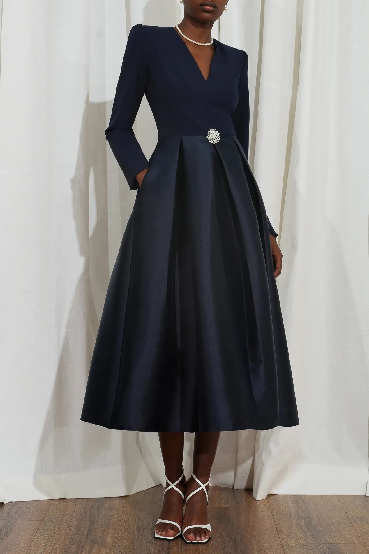 Ivy Midnight Blue Crepe And Mikado Cocktail Dress
