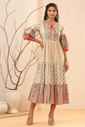 Jashvi Beige Cambric Festive Printed Tiered Long Dress For Women