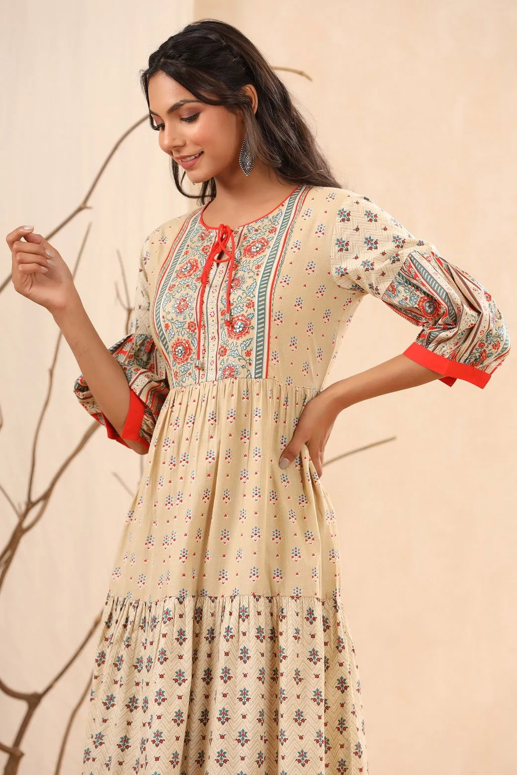Jashvi Beige Cambric Festive Printed Tiered Long Dress For Women