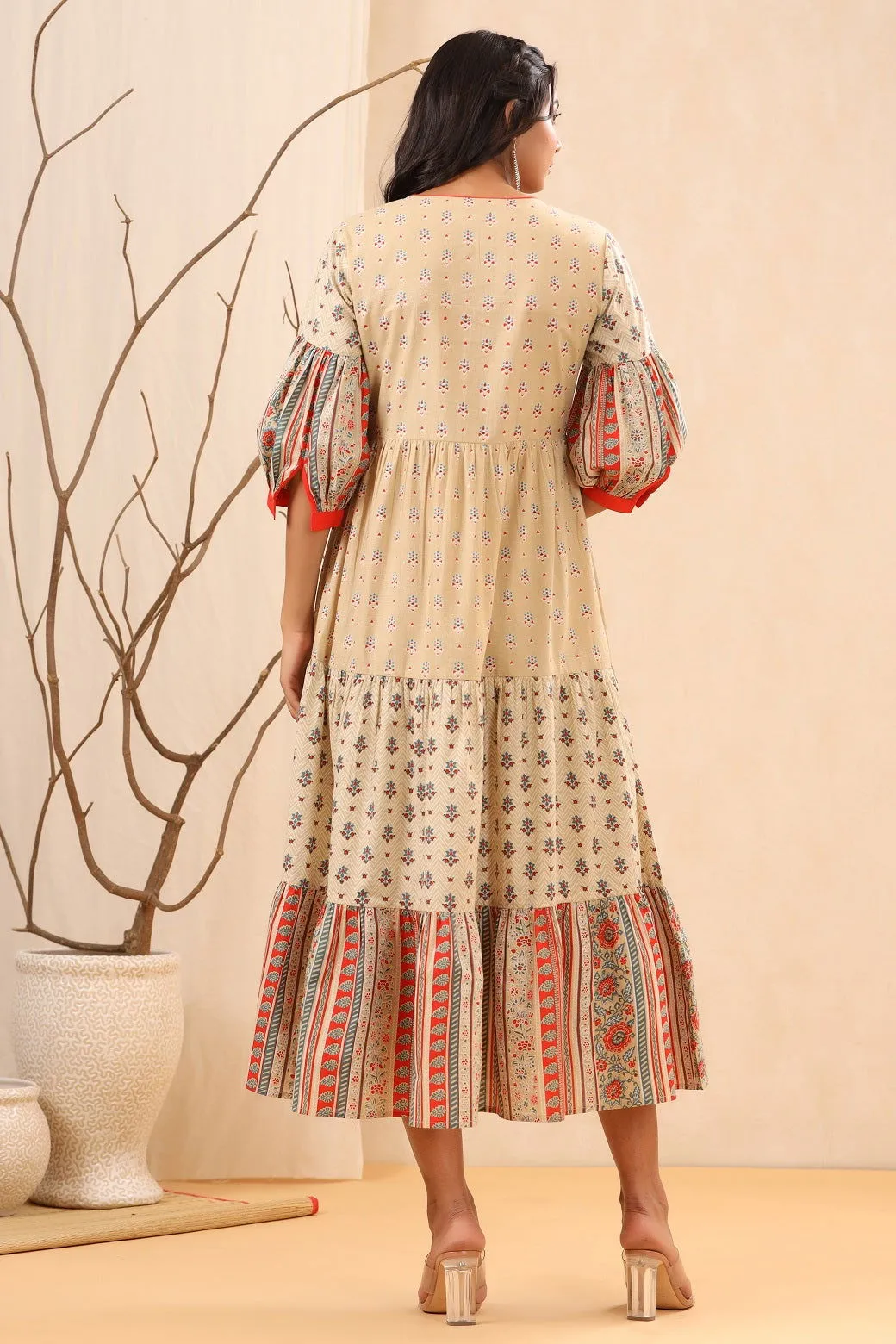 Jashvi Beige Cambric Festive Printed Tiered Long Dress For Women