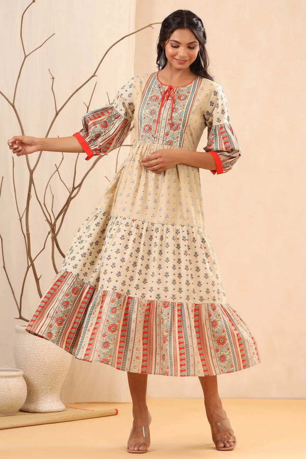 Jashvi Beige Cambric Festive Printed Tiered Long Dress For Women