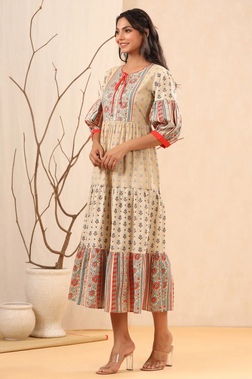 Jashvi Beige Cambric Festive Printed Tiered Long Dress For Women