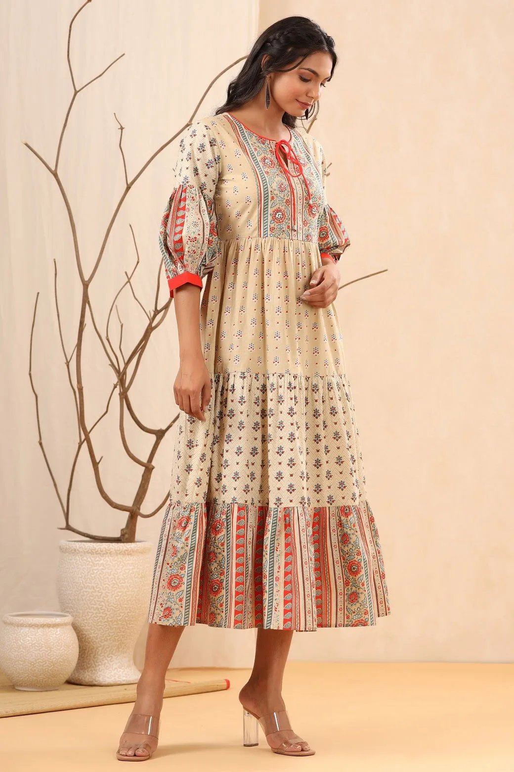 Jashvi Beige Cambric Festive Printed Tiered Long Dress For Women