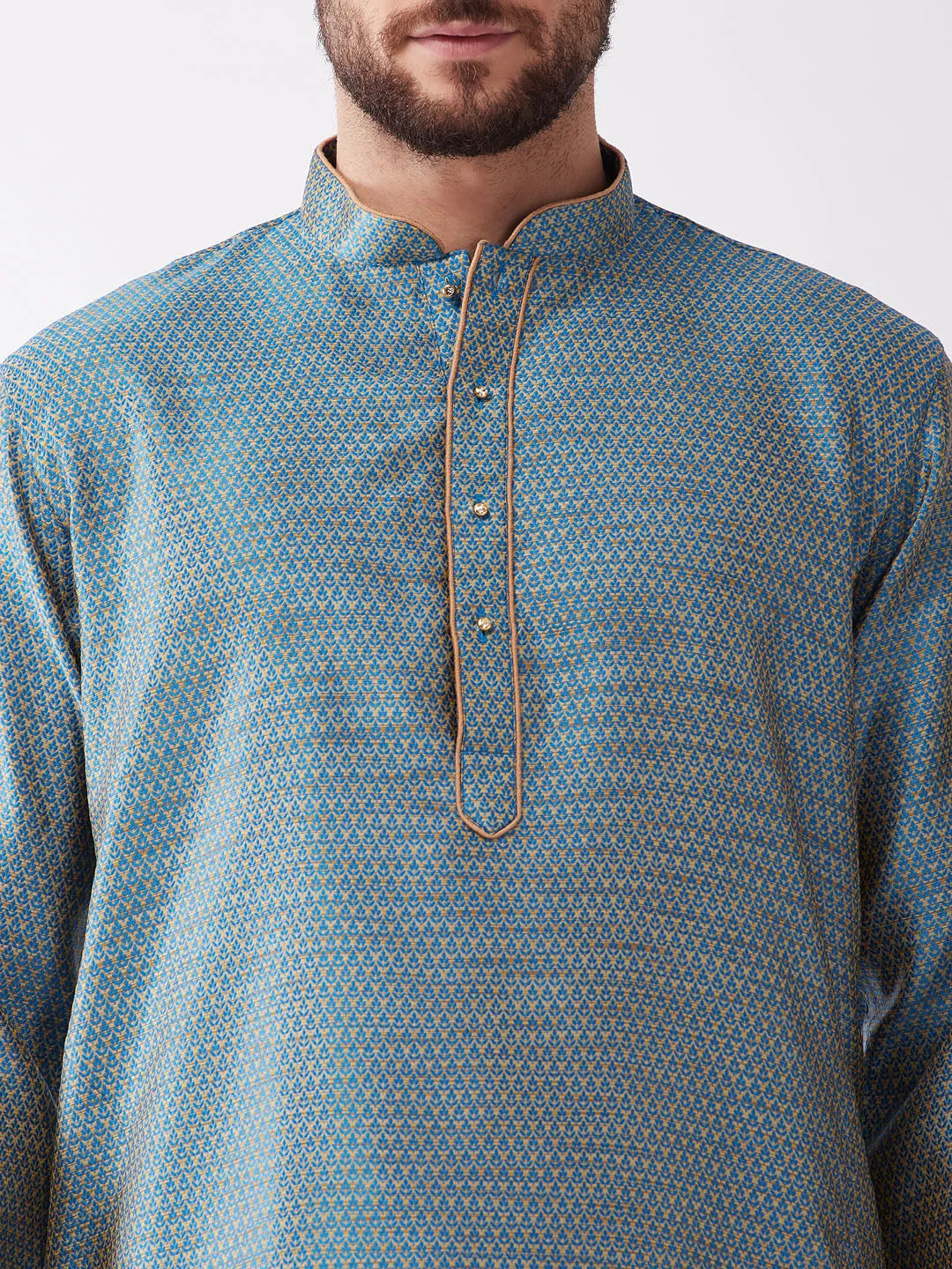 Jashvi Men's Aqua Blue And Rose Gold Silk Blend Kurta And Dhoti Set