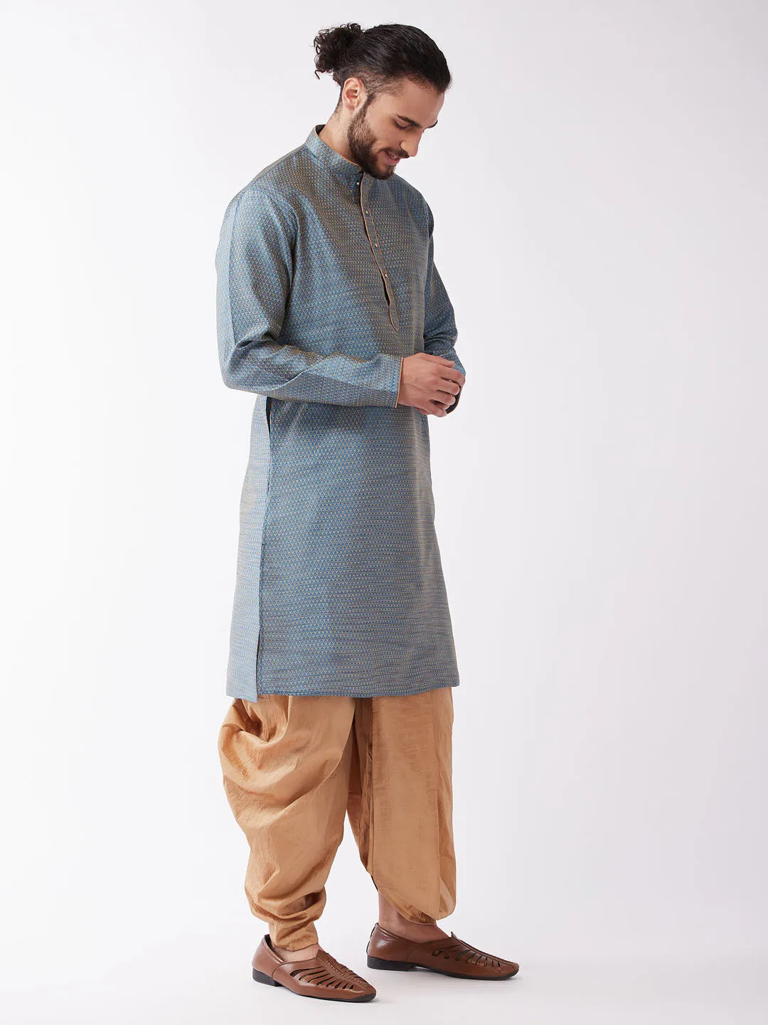 Jashvi Men's Aqua Blue And Rose Gold Silk Blend Kurta And Dhoti Set