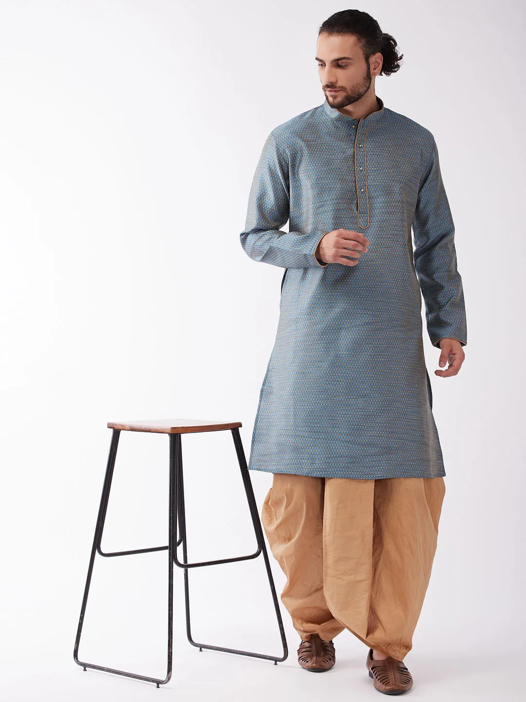Jashvi Men's Aqua Blue And Rose Gold Silk Blend Kurta And Dhoti Set