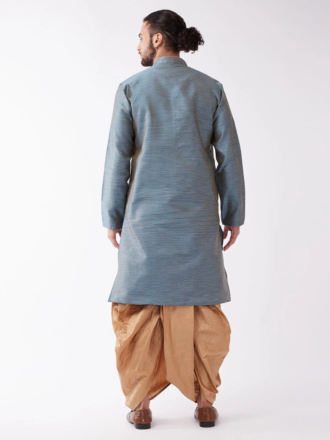 Jashvi Men's Aqua Blue And Rose Gold Silk Blend Kurta And Dhoti Set