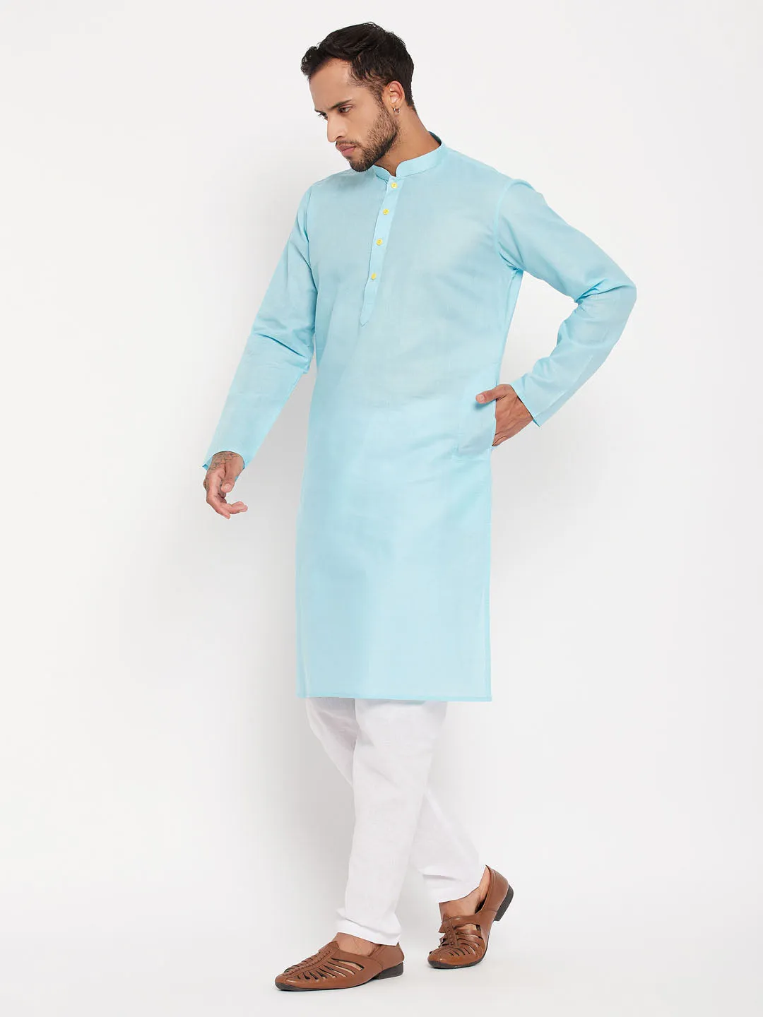 Jashvi Men's Aqua Blue Kurta And White Pyjama Set