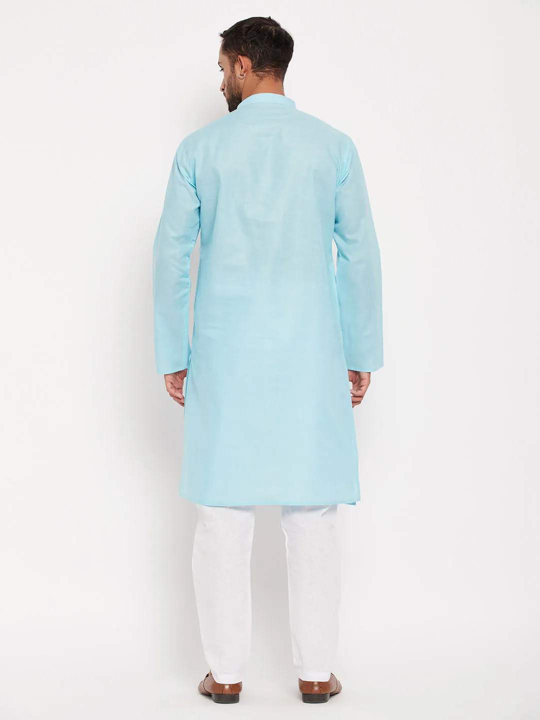 Jashvi Men's Aqua Blue Kurta And White Pyjama Set