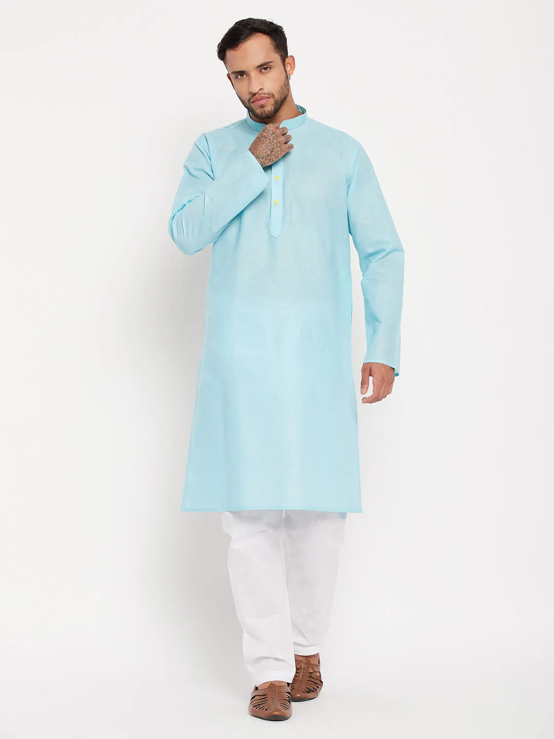 Jashvi Men's Aqua Blue Kurta And White Pyjama Set