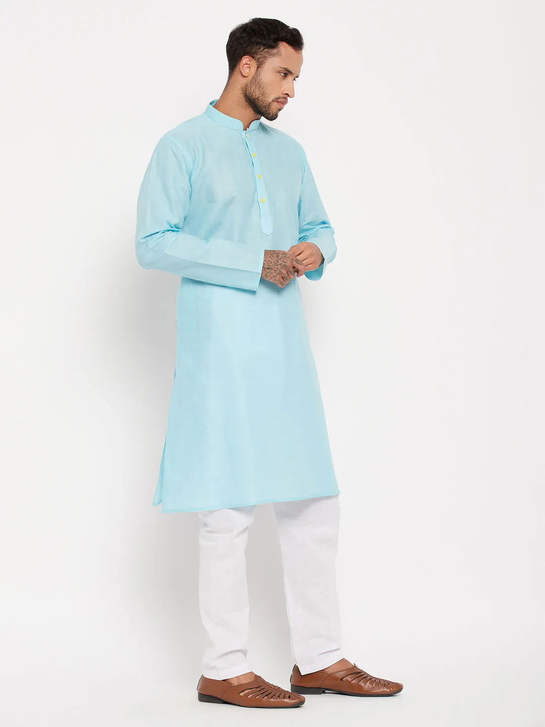 Jashvi Men's Aqua Blue Kurta And White Pyjama Set