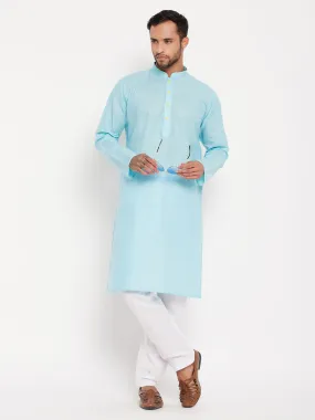 Jashvi Men's Aqua Blue Kurta And White Pyjama Set Jashvi Men's Aqua Blue Kurta And White Pyjama Set