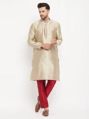 Jashvi Men's Beige Silk Blend Kurta and Maroon Pant Style Pyjama Set