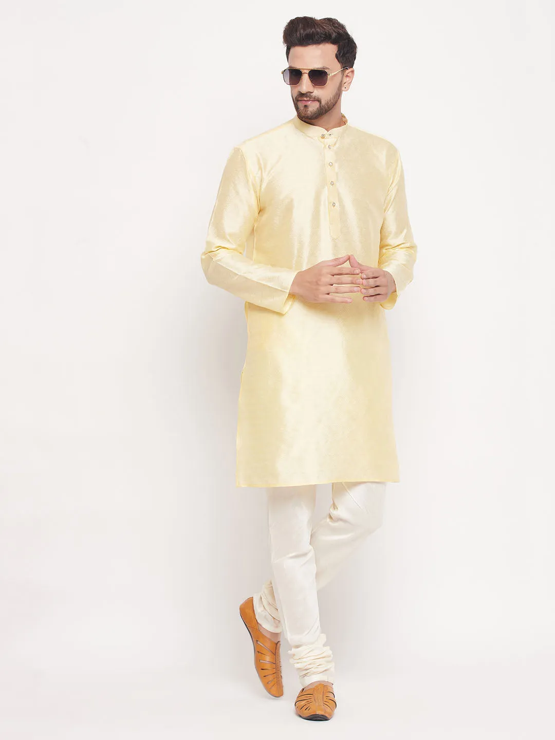 Jashvi Men's Beige Woven Kurta Pyjama Set