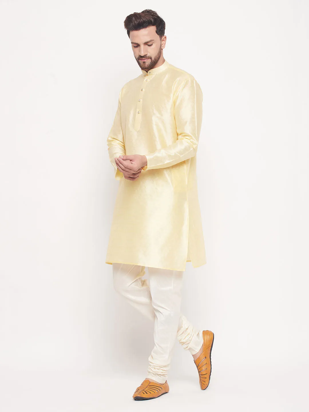 Jashvi Men's Beige Woven Kurta Pyjama Set