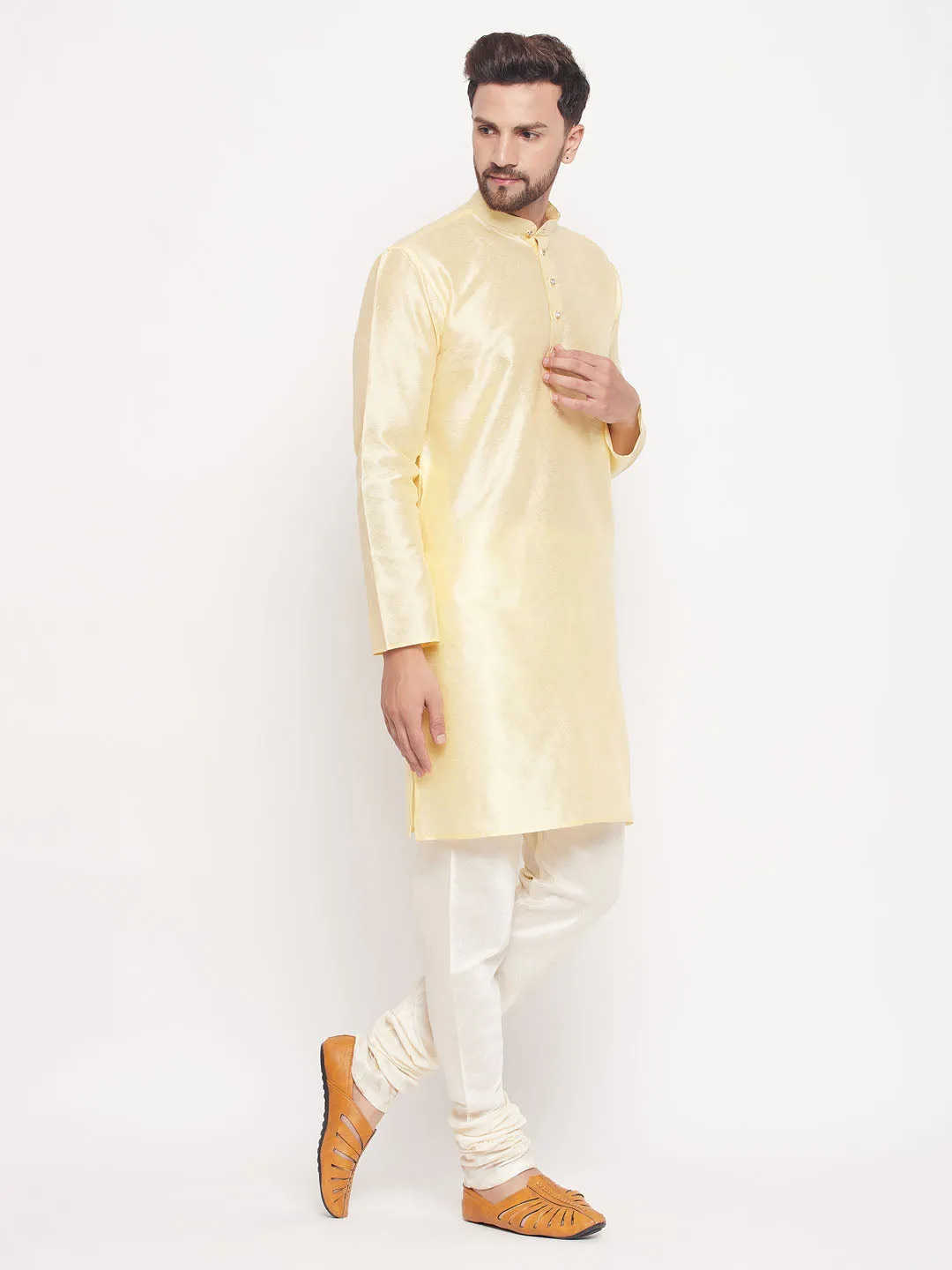 Jashvi Men's Beige Woven Kurta Pyjama Set