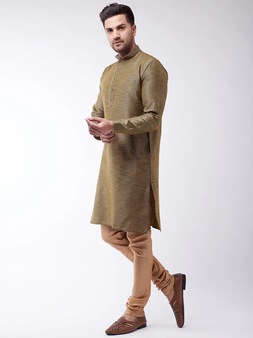 Jashvi Men's Black And Rose Gold Silk Blend Kurta With Churidar Set