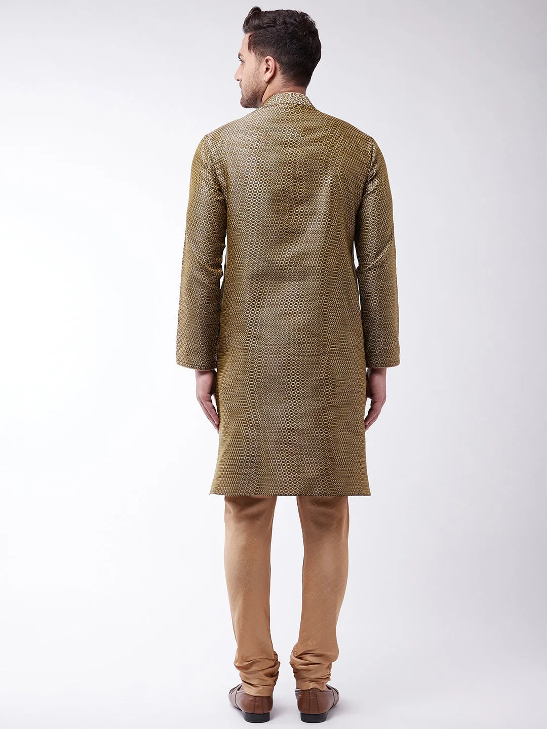 Jashvi Men's Black And Rose Gold Silk Blend Kurta With Churidar Set