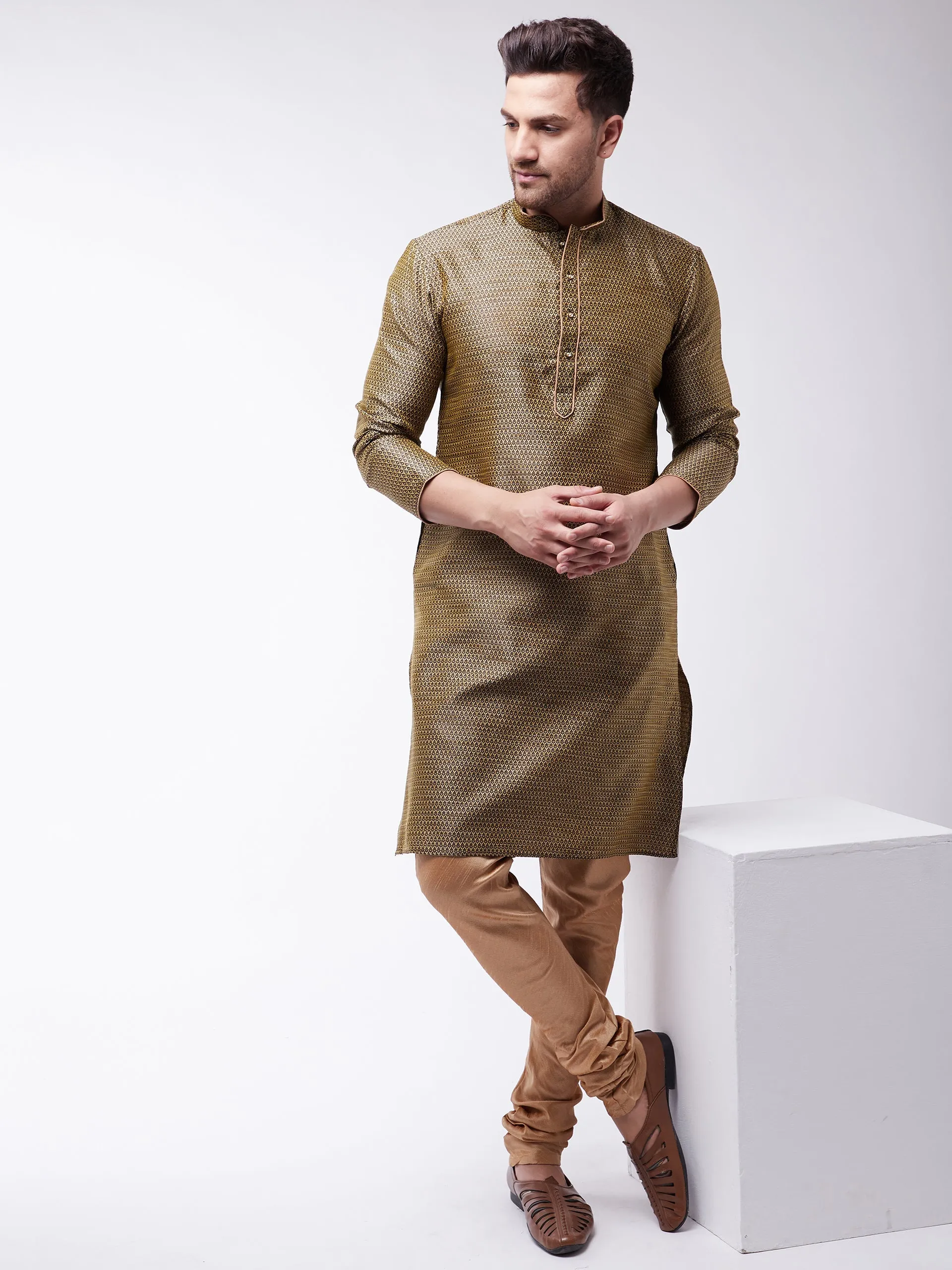Jashvi Men's Black And Rose Gold Silk Blend Kurta With Churidar Set