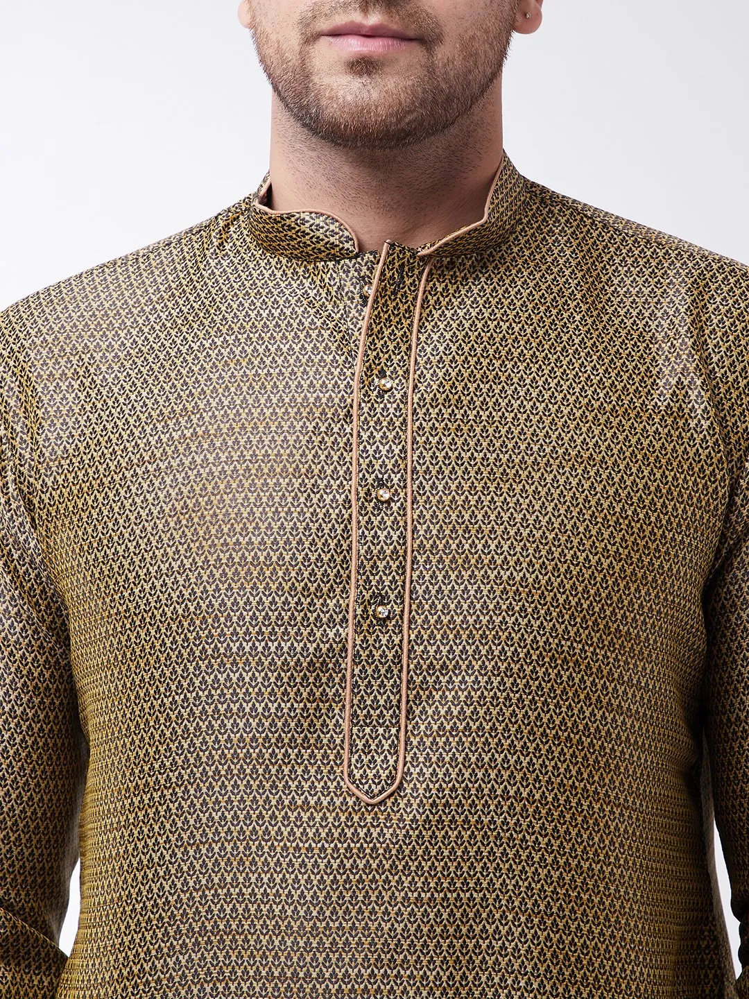 Jashvi Men's Black And Rose Gold Silk Blend Kurta With Churidar Set