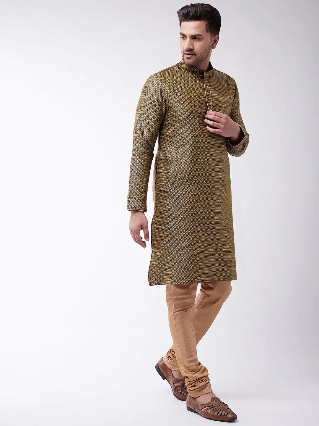 Jashvi Men's Black And Rose Gold Silk Blend Kurta With Churidar Set