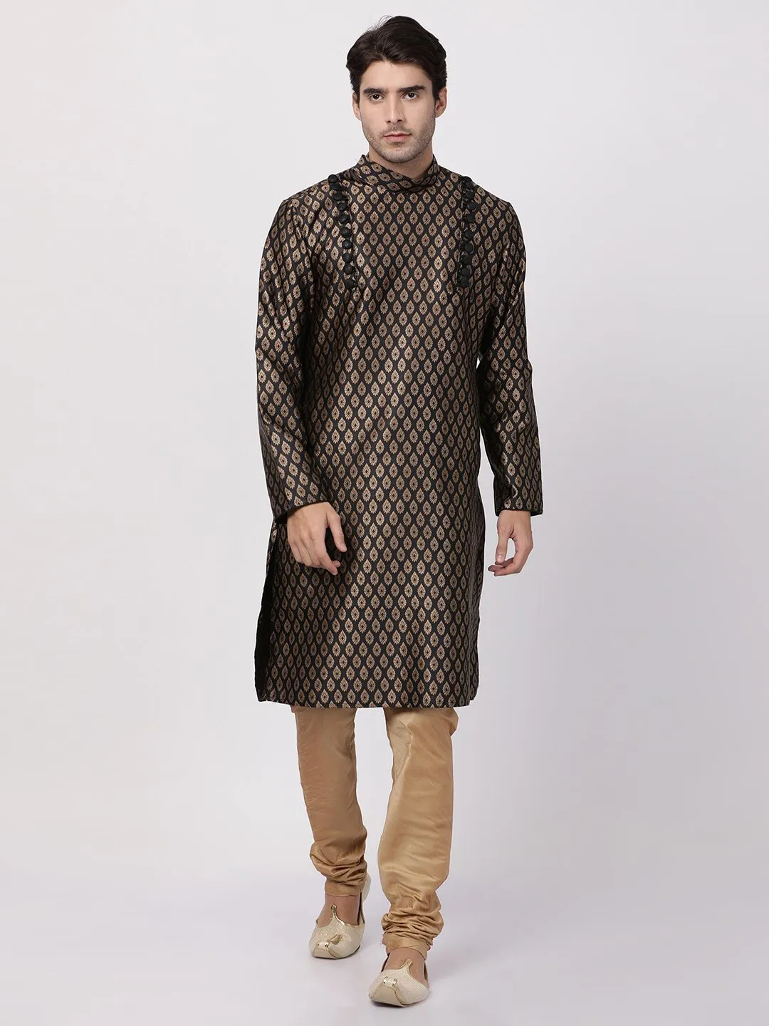 Jashvi Men's Black Cotton Silk Blend Kurta and Churidar Set