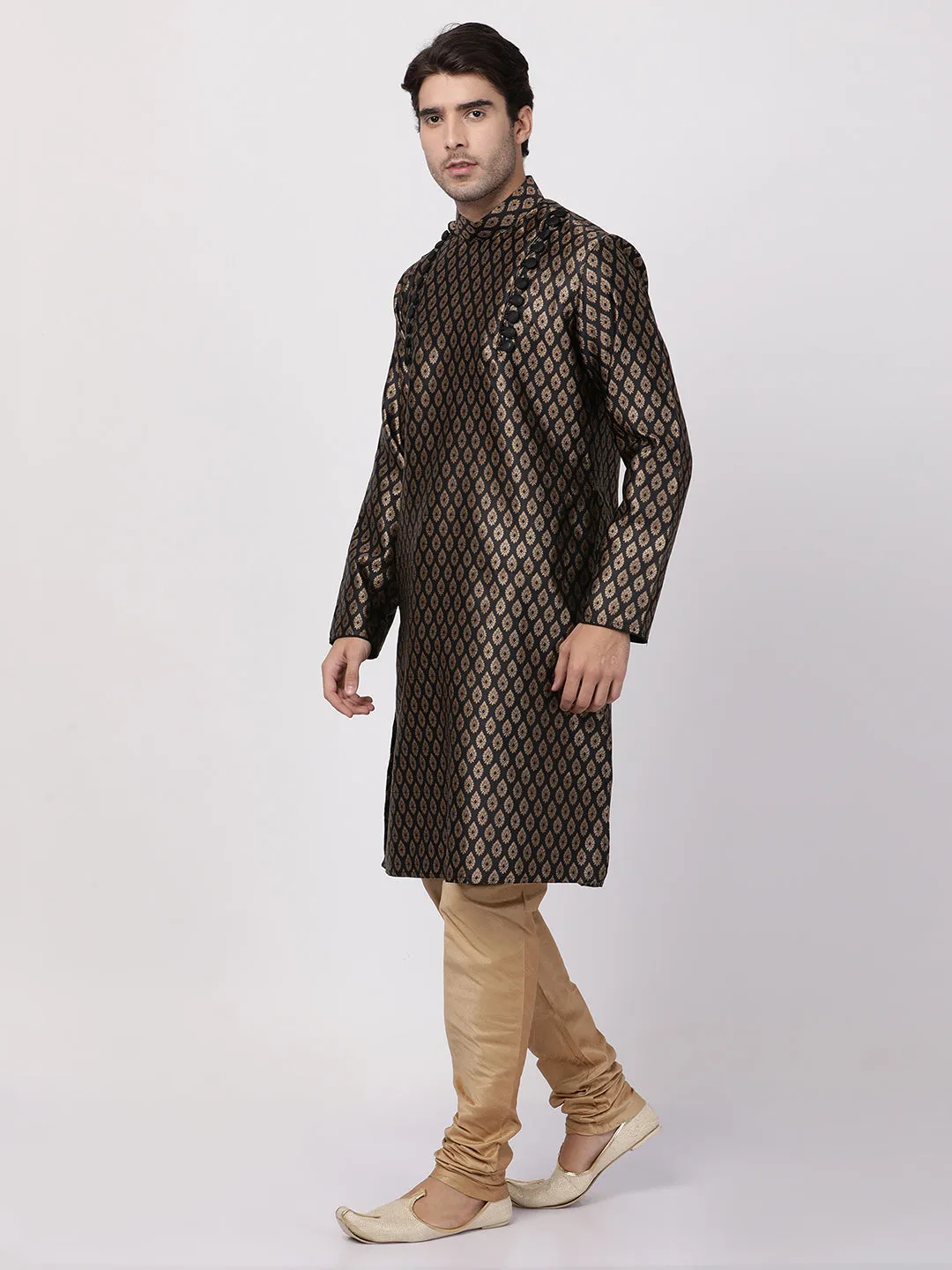 Jashvi Men's Black Cotton Silk Blend Kurta and Churidar Set