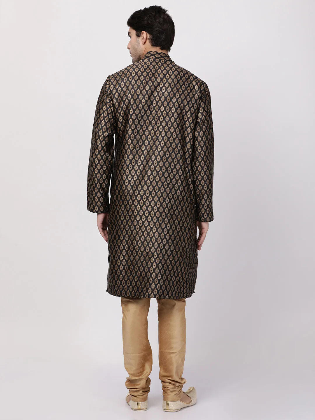 Jashvi Men's Black Cotton Silk Blend Kurta and Churidar Set