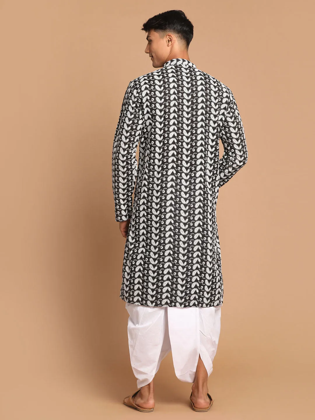 Jashvi Men's Black Pure Cotton Chikankari Kurta With Dhoti Set