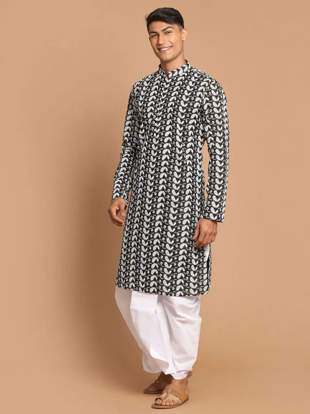 Jashvi Men's Black Pure Cotton Chikankari Kurta With Dhoti Set