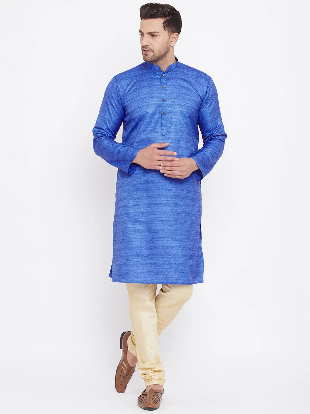 Jashvi Men's Blue And Gold Silk Blend Kurta Pyjama Set