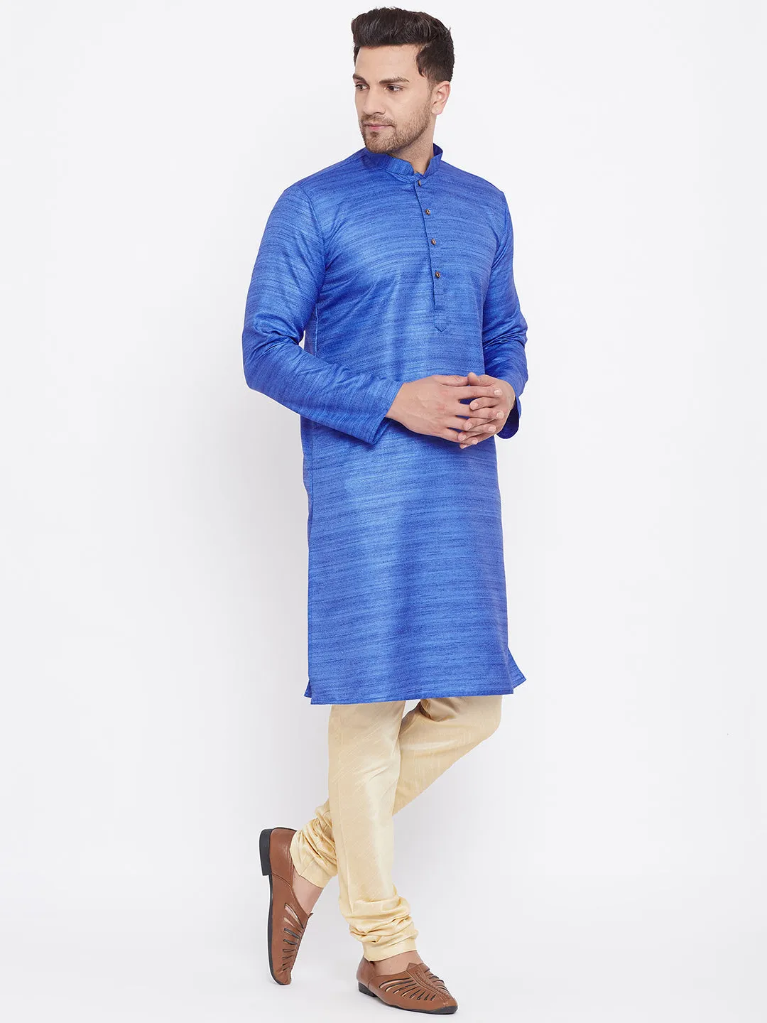 Jashvi Men's Blue And Gold Silk Blend Kurta Pyjama Set