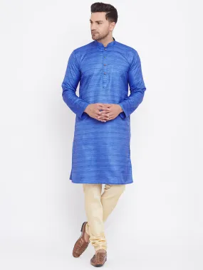 Jashvi Men's Blue And Gold Silk Blend Kurta Pyjama Set
