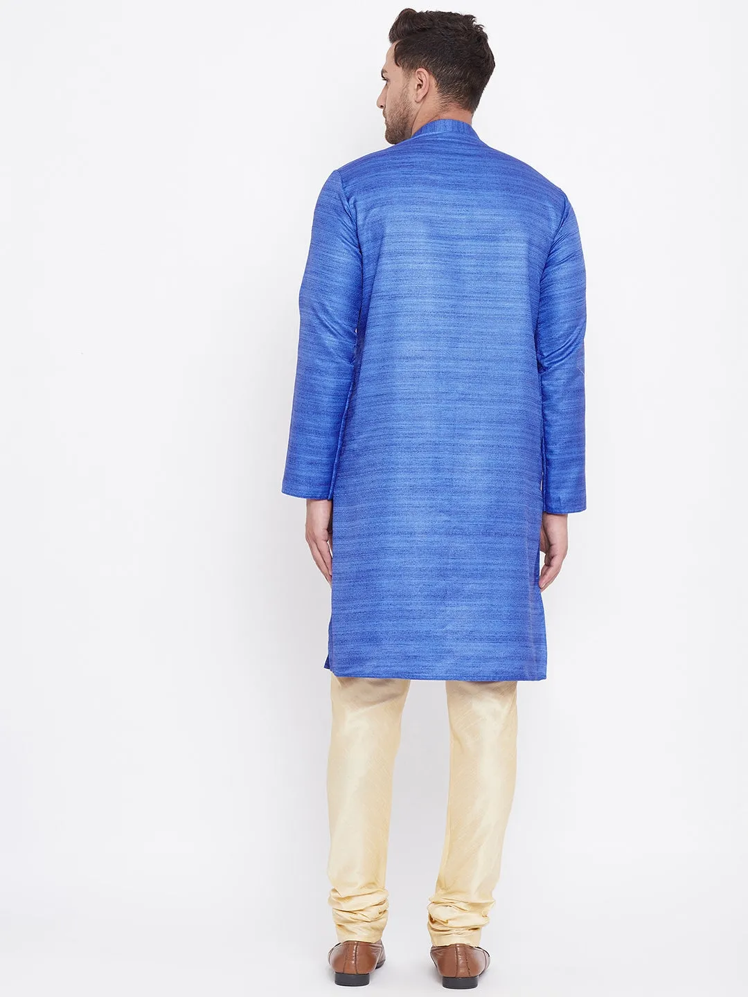 Jashvi Men's Blue And Gold Silk Blend Kurta Pyjama Set