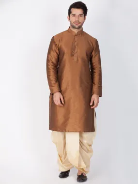 Jashvi Men's Brown Cotton Silk Blend Kurta and Dhoti Pant Set