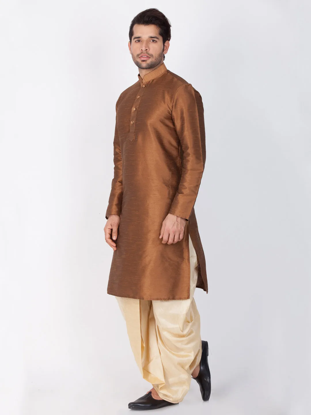 Jashvi Men's Brown Cotton Silk Blend Kurta and Dhoti Pant Set