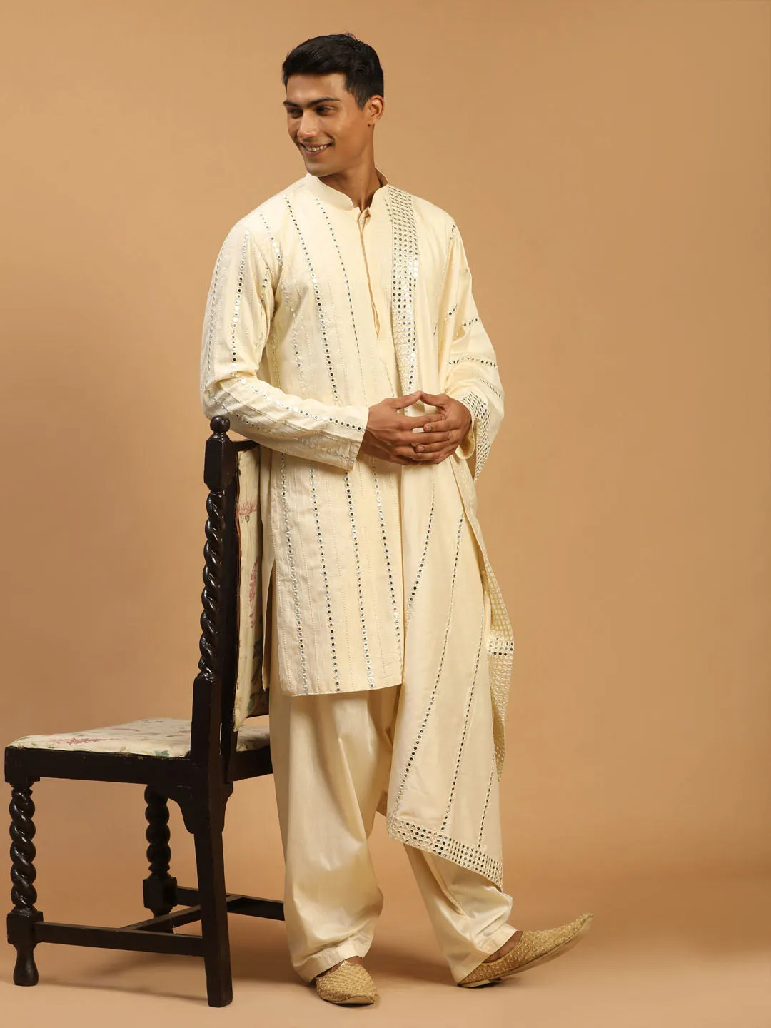 Jashvi Men's Cream Mirror Kurta Patiala With Dupatta Set