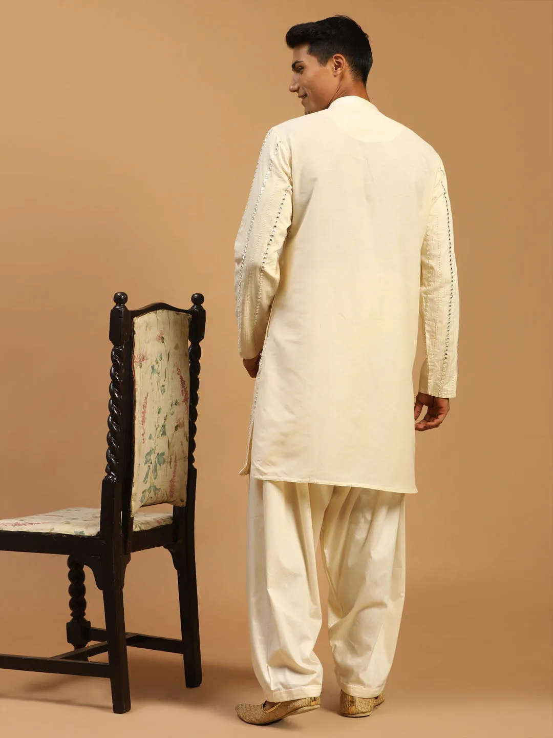 Jashvi Men's Cream Mirror Kurta Patiala With Dupatta Set
