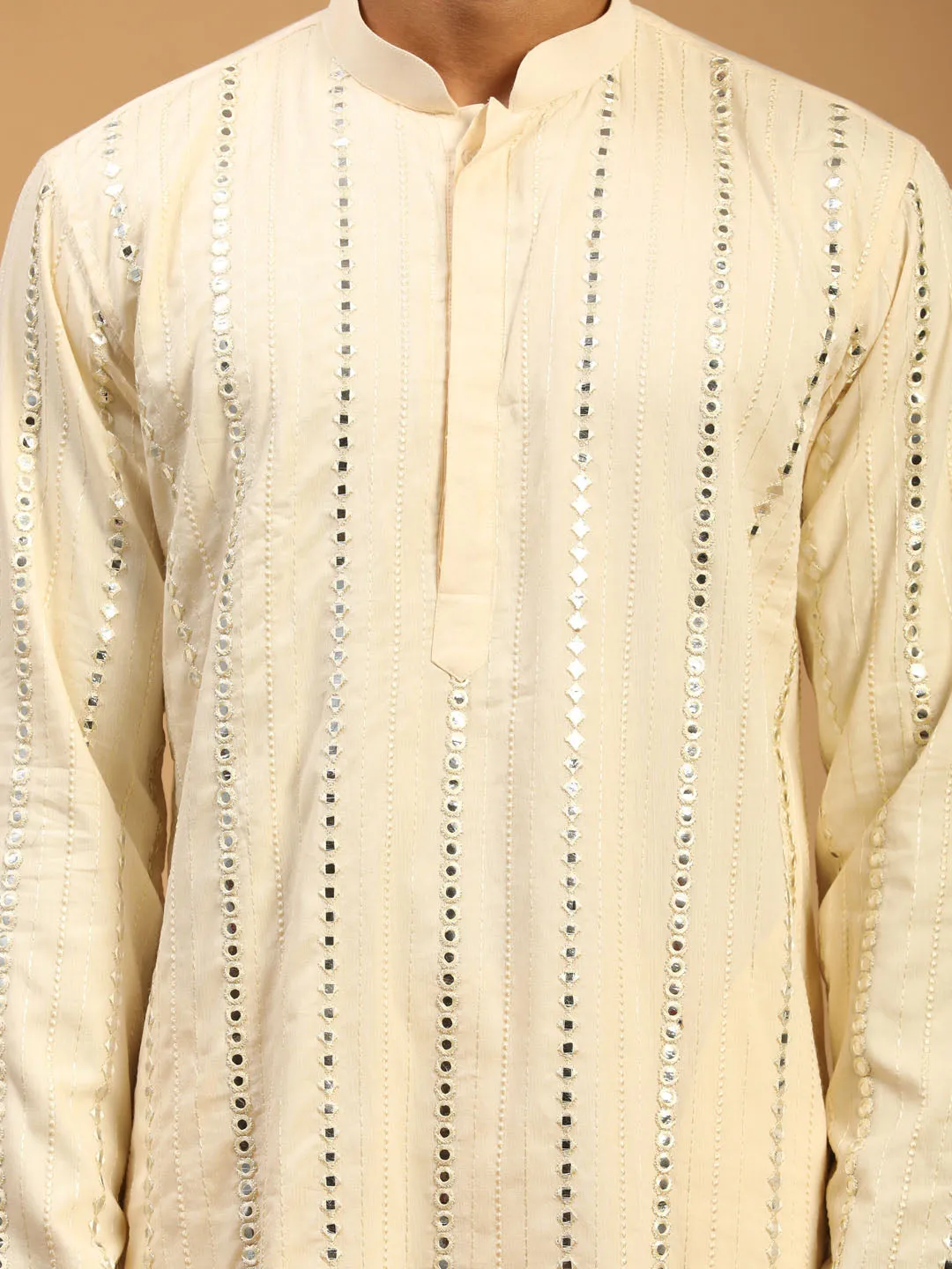 Jashvi Men's Cream Mirror Kurta Patiala With Dupatta Set