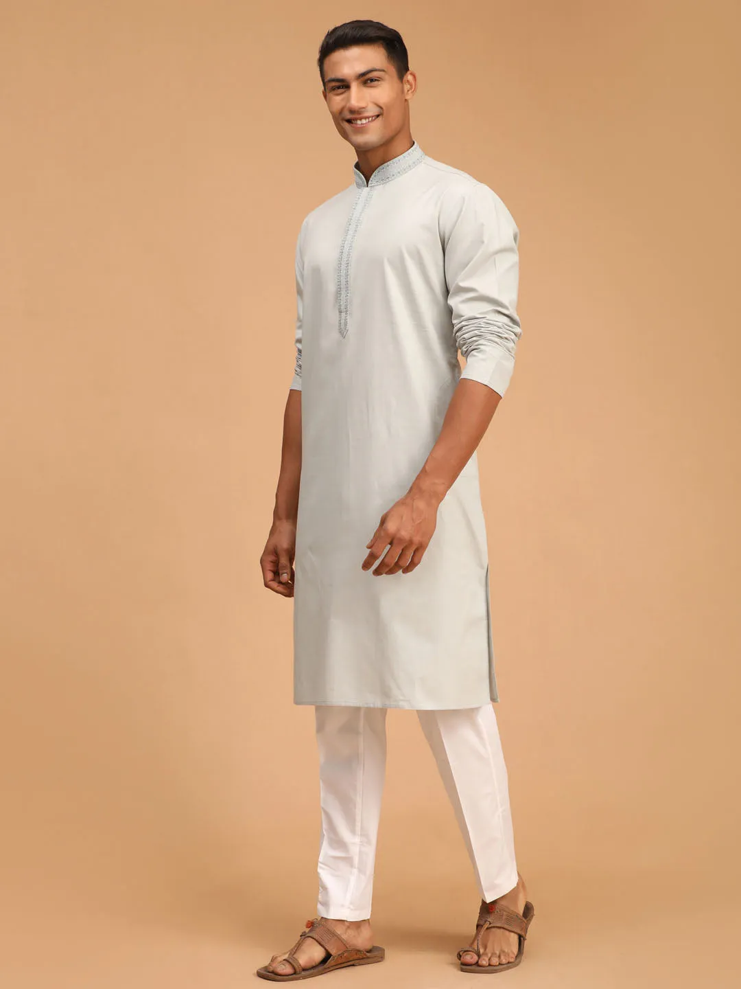 Jashvi Men's Grey Cotton Kurta And Pant Style Cotton  Pyjama Set