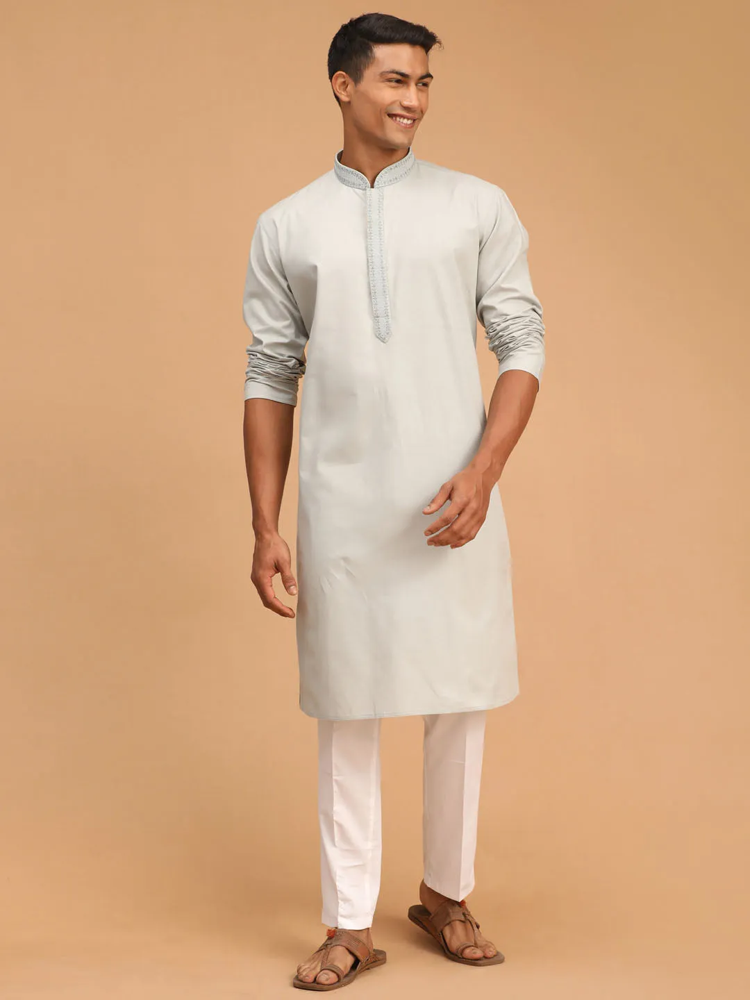 Jashvi Men's Grey Cotton Kurta And Pant Style Cotton  Pyjama Set